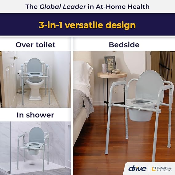 Drive Medical 3-in-1 Folding Commode Chair – Safe, Durable & Portable