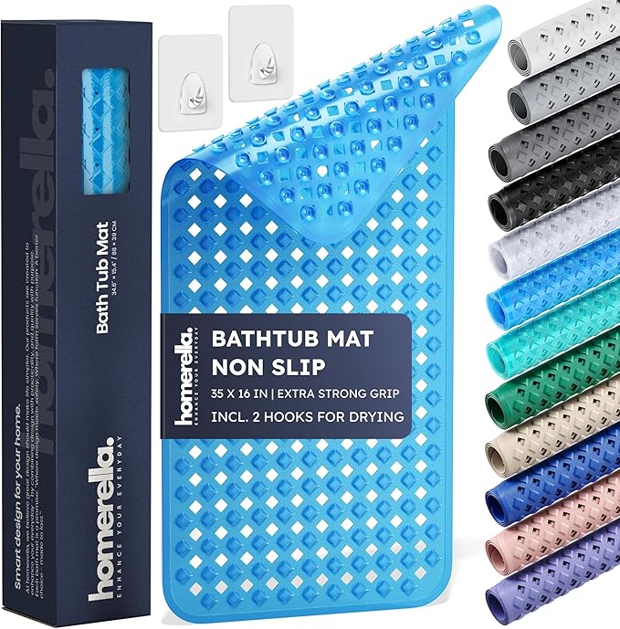 Extra-Long Non-Slip Bathtub Mat – 35x16" BPA-Free Shower Mat with Drain Holes & Drying Hooks (Anti-Mold, Machine Washable)
