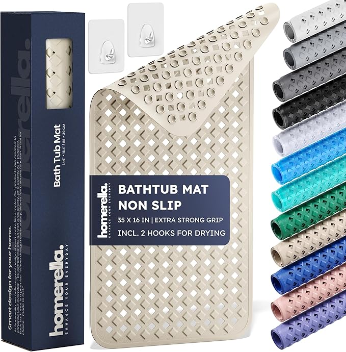 Extra-Long Non-Slip Bathtub Mat – 35x16" BPA-Free Shower Mat with Drain Holes & Drying Hooks (Anti-Mold, Machine Washable)