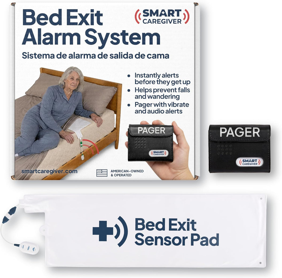 Smart Caregiver Bed Exit Alarm with Wireless Pager - Early Alert Fall Prevention for Seniors and Elderly - Weight Sensing Bed Pad Alerts Caregiver When They Get up - USA Company and Customer Service