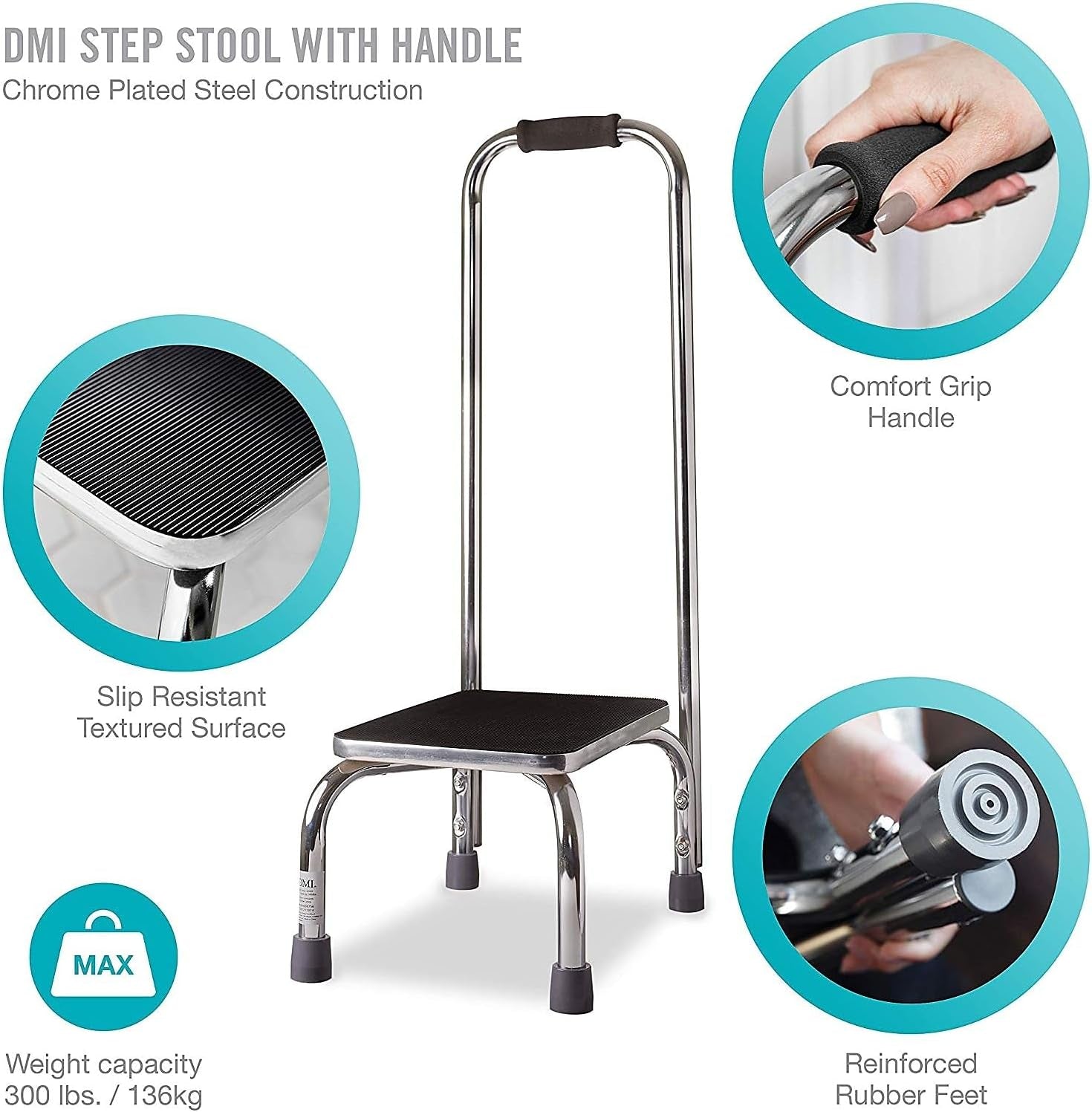 Step Stool with Handle and Non Skid Rubber Platform, Lightweight and Sturdy Stool for Seniors, Adults and Children, Holds up to 300 Pounds with 9.5 Inch Step Up, 17.3"D X 12.3"W X 34"H, Chrome
