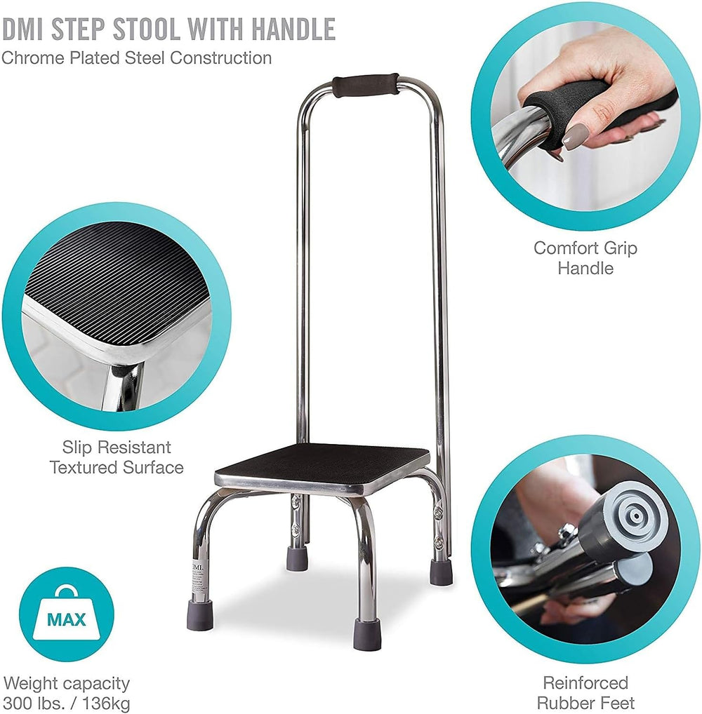 Step Stool with Handle and Non Skid Rubber Platform, Lightweight and Sturdy Stool for Seniors, Adults and Children, Holds up to 300 Pounds with 9.5 Inch Step Up, 17.3"D X 12.3"W X 34"H, Chrome