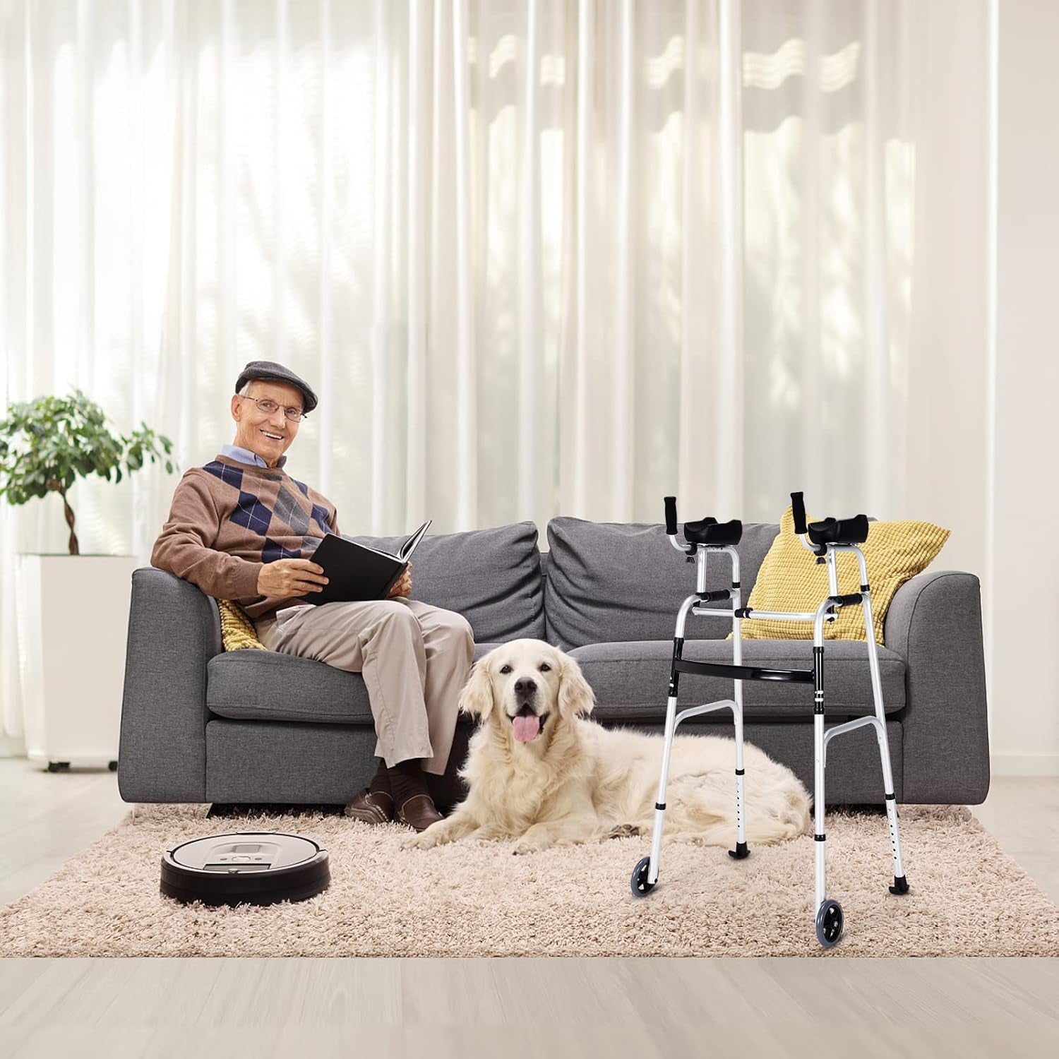Walkers for Seniors, Foldable Standard Walker with 5’’ Wheels and Removable Padded Armrests 440Lbs, Lightweight Walking Mobility Aid, Folding Platform Walker for Elderly, Handicap, Disabled