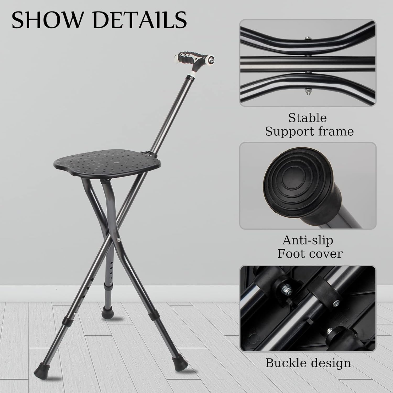 Hold 440 Lbs Folding Canes with Seat Walking Stick Height Adjustment Cane Seat Capacity Frosted Handle with Magnetic Therapy Stone Crutches Stool