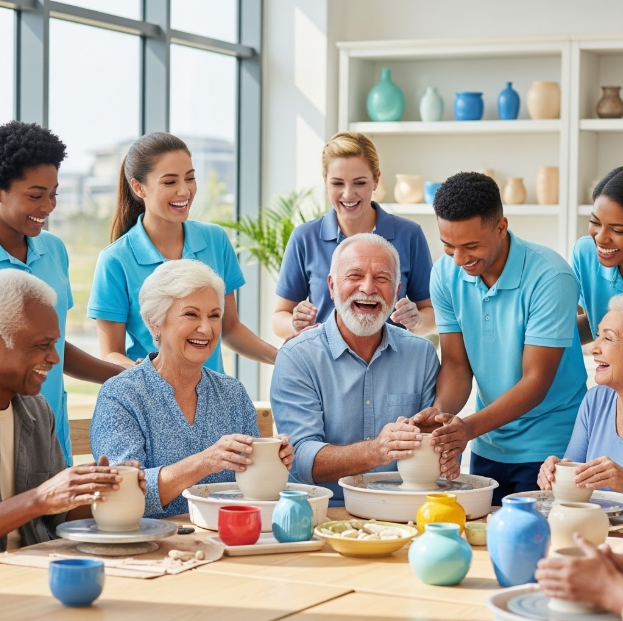 Group of people, including seniors and younger individuals, participating in a pottery-making activity.