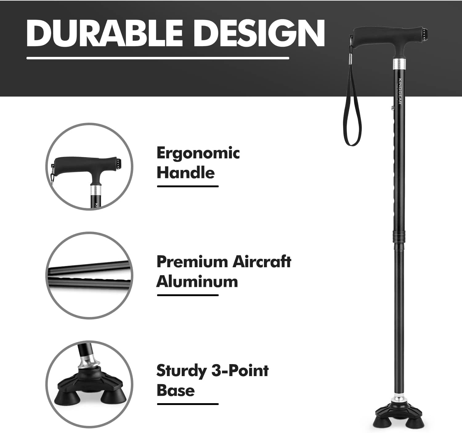 Walking Cane for Women & Men, Adjustable Lightweight LED Walking Stick with Autonomous Standing, Large Sturdy 360 Swivel Base Crutches Cane for Senior