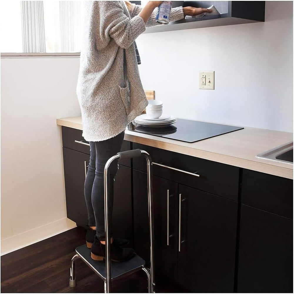 Step Stool with Handle and Non Skid Rubber Platform, Lightweight and Sturdy Stool for Seniors, Adults and Children, Holds up to 300 Pounds with 9.5 Inch Step Up, 17.3"D X 12.3"W X 34"H, Chrome