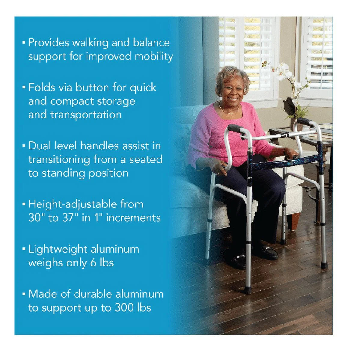 Aluminium Uplift Folding Walker with Adjustable Height, 300 Lb Weight Capacity