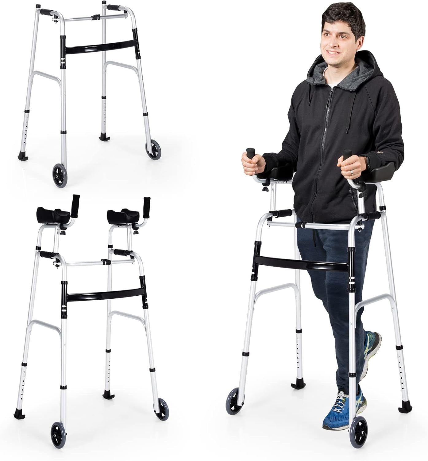 Walkers for Seniors, Foldable Standard Walker with 5’’ Wheels and Removable Padded Armrests 440Lbs, Lightweight Walking Mobility Aid, Folding Platform Walker for Elderly, Handicap, Disabled