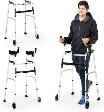 Walkers for Seniors, Foldable Standard Walker with 5’’ Wheels and Removable Padded Armrests 440Lbs, Lightweight Walking Mobility Aid, Folding Platform Walker for Elderly, Handicap, Disabled