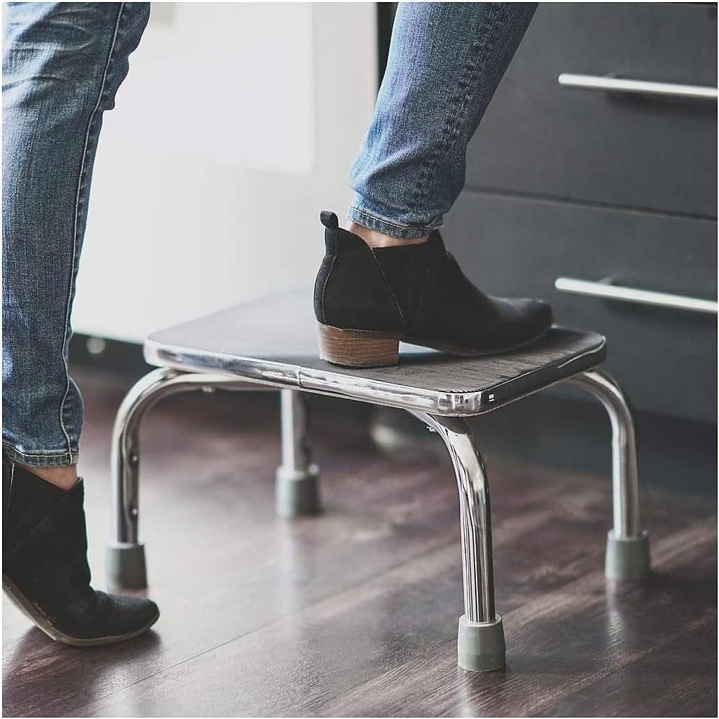 Step Stool with Handle and Non Skid Rubber Platform, Lightweight and Sturdy Stool for Seniors, Adults and Children, Holds up to 300 Pounds with 9.5 Inch Step Up, 17.3"D X 12.3"W X 34"H, Chrome