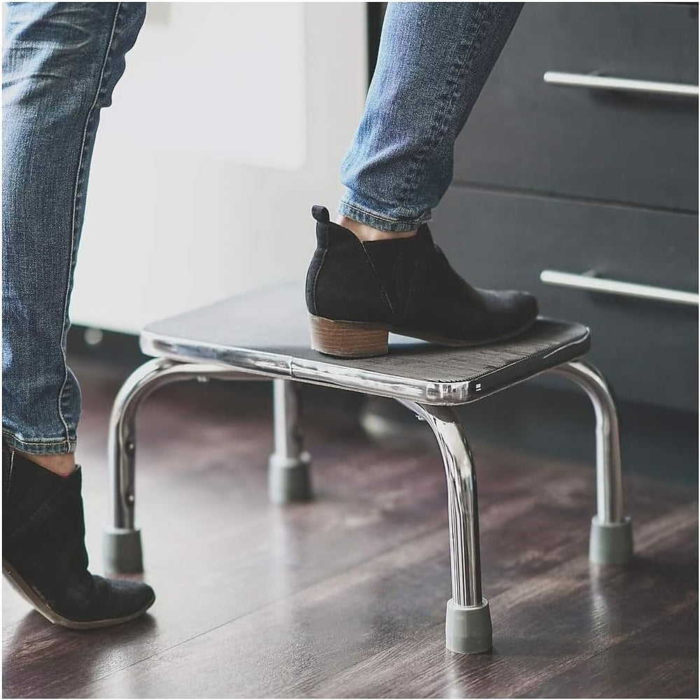 Step Stool with Handle and Non Skid Rubber Platform, Lightweight and Sturdy Stool for Seniors, Adults and Children, Holds up to 300 Pounds with 9.5 Inch Step Up, 17.3"D X 12.3"W X 34"H, Chrome