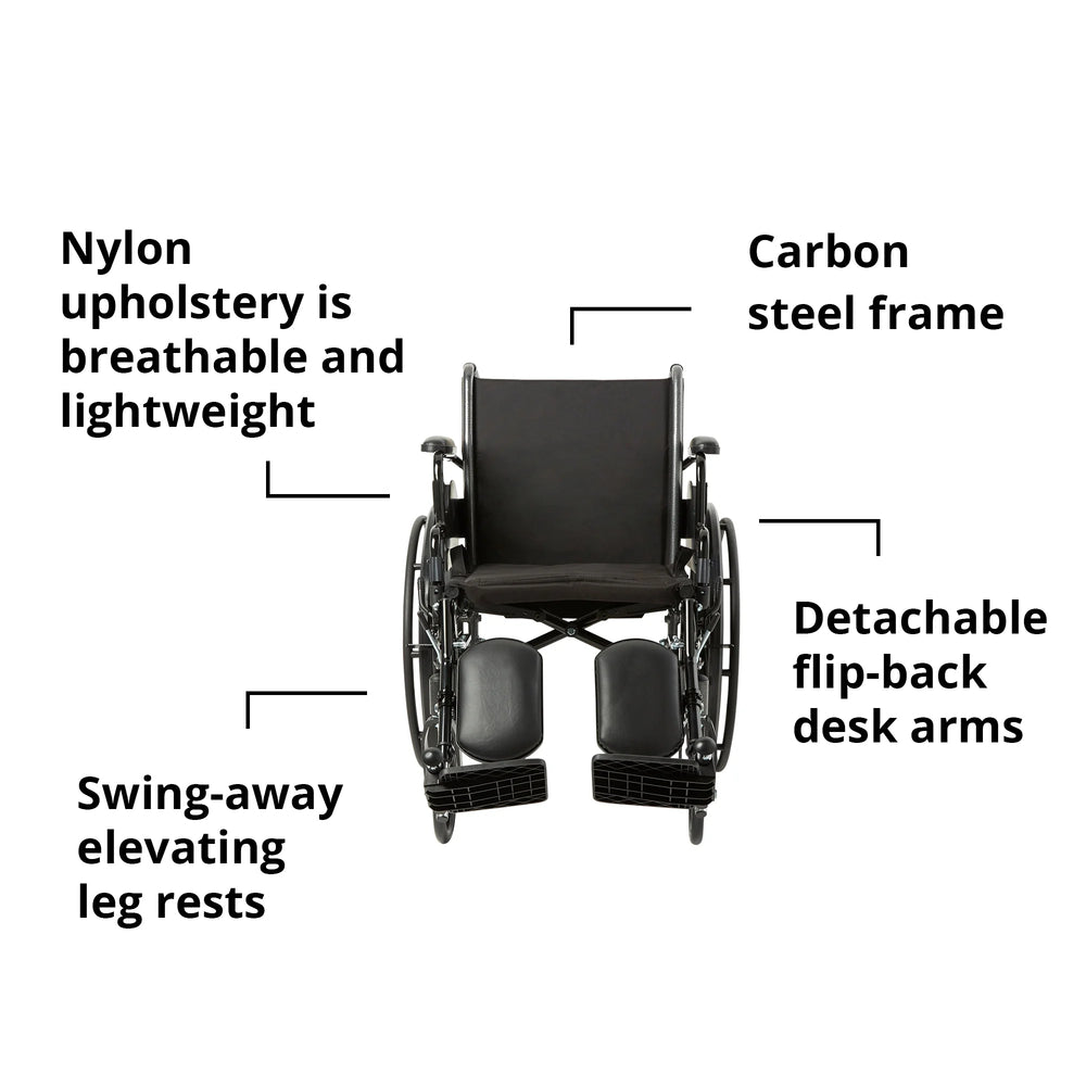 Black Lightweight Wheelchair, Steel, 18" W, 300-Lb Weight Capacity, 1 Ct
