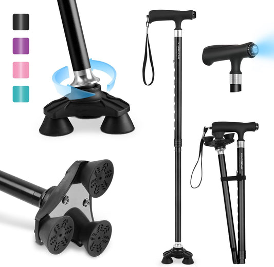 Walking Cane for Women & Men, Adjustable Lightweight LED Walking Stick with Autonomous Standing, Large Sturdy 360 Swivel Base Crutches Cane for Senior