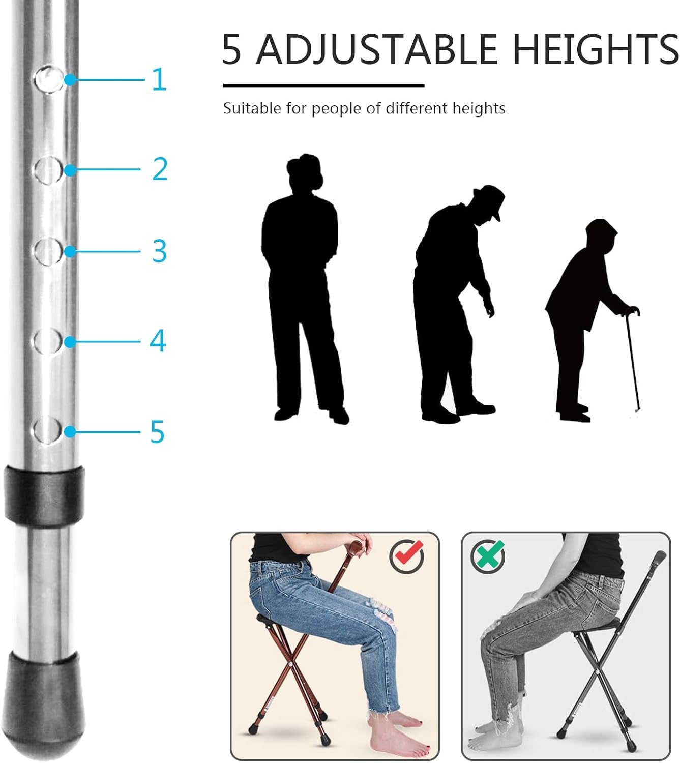 Hold 440 Lbs Folding Canes with Seat Walking Stick Height Adjustment Cane Seat Capacity Frosted Handle with Magnetic Therapy Stone Crutches Stool
