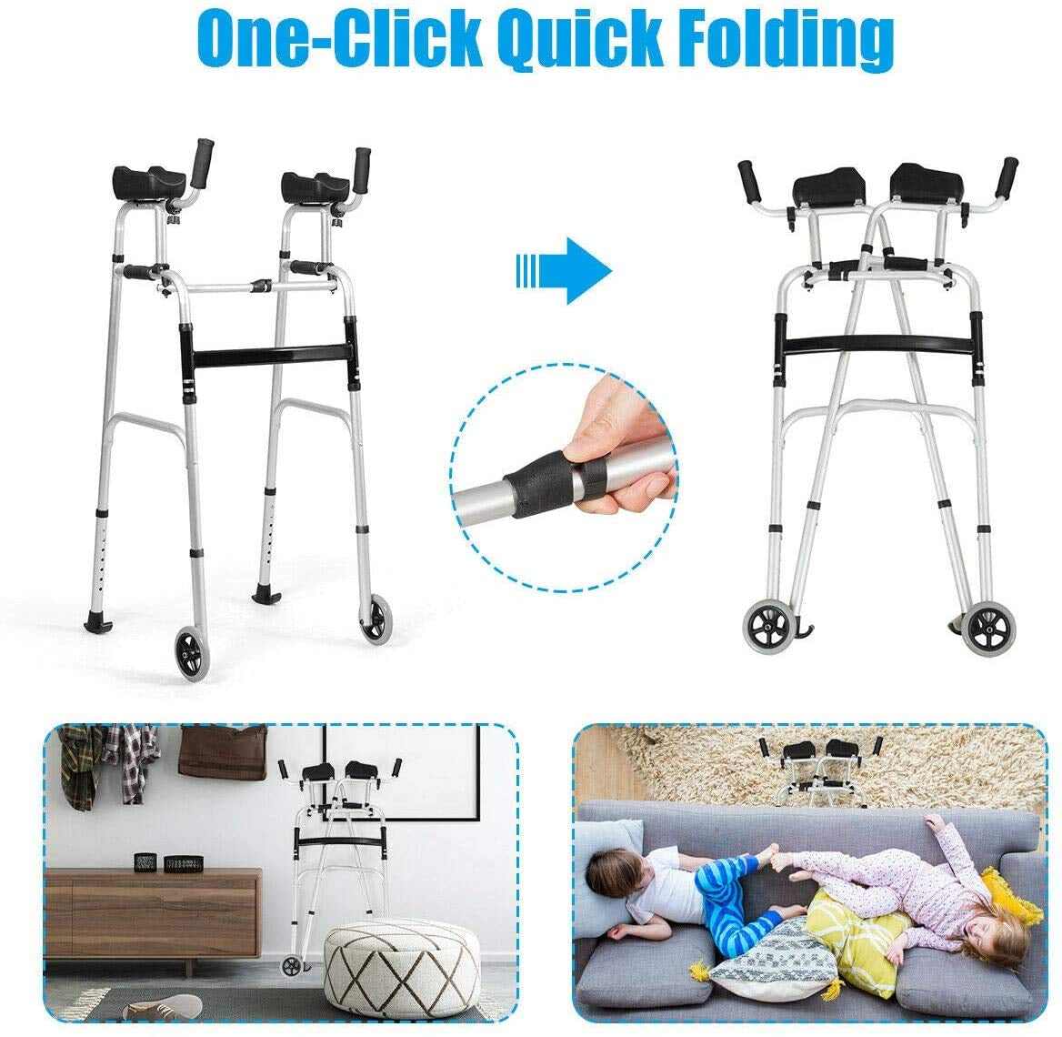 Folding Standard Walker，Rehabilitation Auxiliary Walking Aid, Front Wheeled Walker W/Adjustable Height & Removable Armrests, Platform Walkers for Seniors,Disabled, FDA Certification
