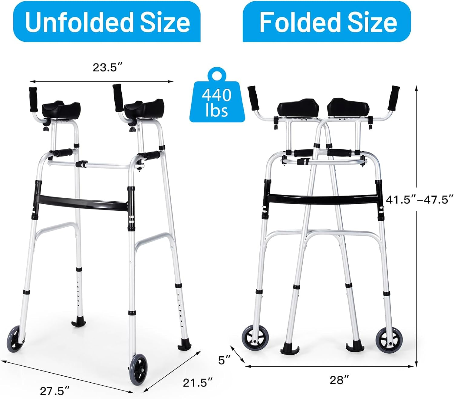 Walkers for Seniors, Foldable Standard Walker with 5’’ Wheels and Removable Padded Armrests 440Lbs, Lightweight Walking Mobility Aid, Folding Platform Walker for Elderly, Handicap, Disabled