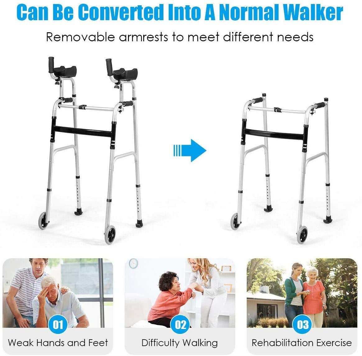 Folding Standard Walker，Rehabilitation Auxiliary Walking Aid, Front Wheeled Walker W/Adjustable Height & Removable Armrests, Platform Walkers for Seniors,Disabled, FDA Certification