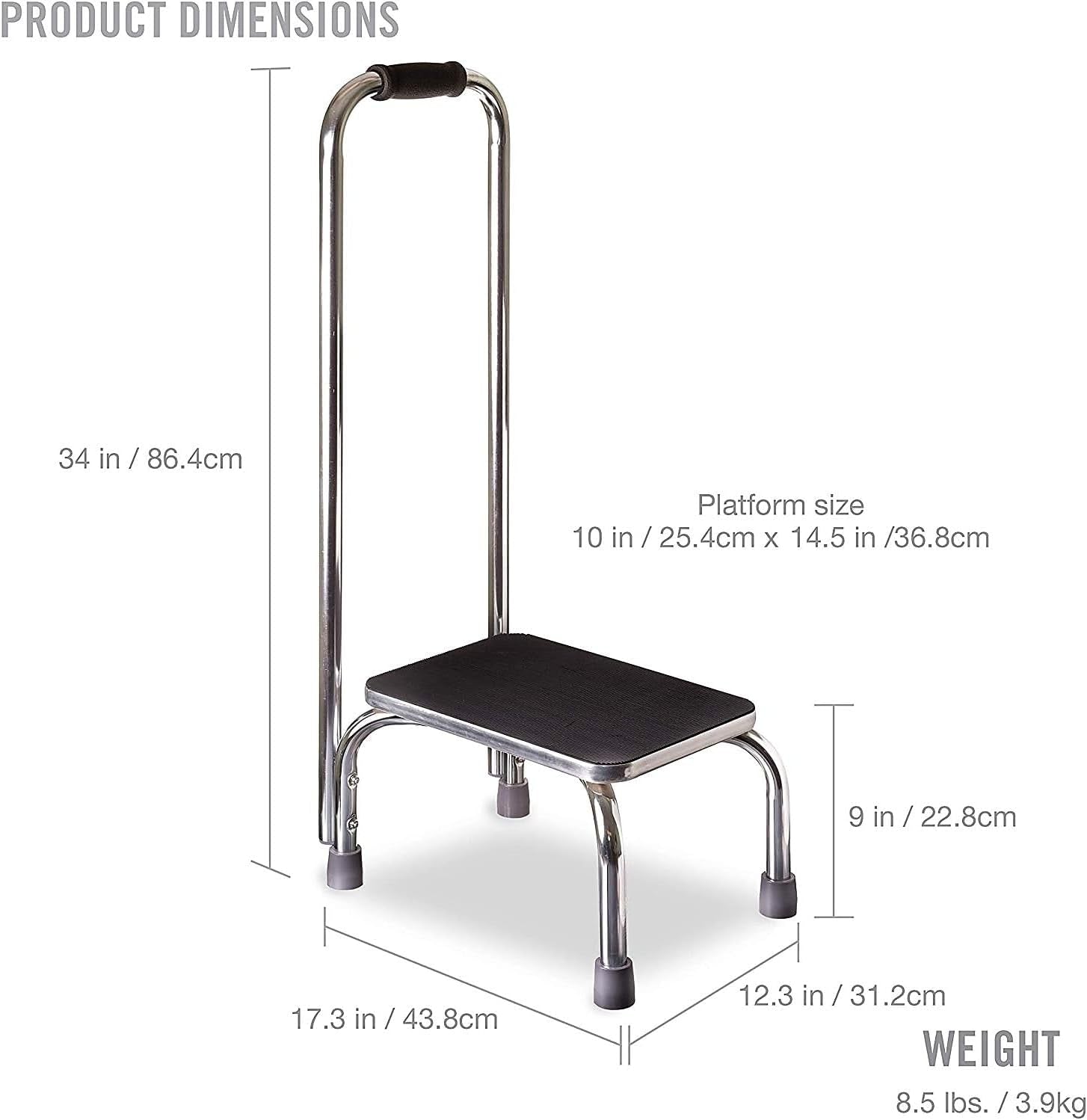 Step Stool with Handle and Non Skid Rubber Platform, Lightweight and Sturdy Stool for Seniors, Adults and Children, Holds up to 300 Pounds with 9.5 Inch Step Up, 17.3"D X 12.3"W X 34"H, Chrome