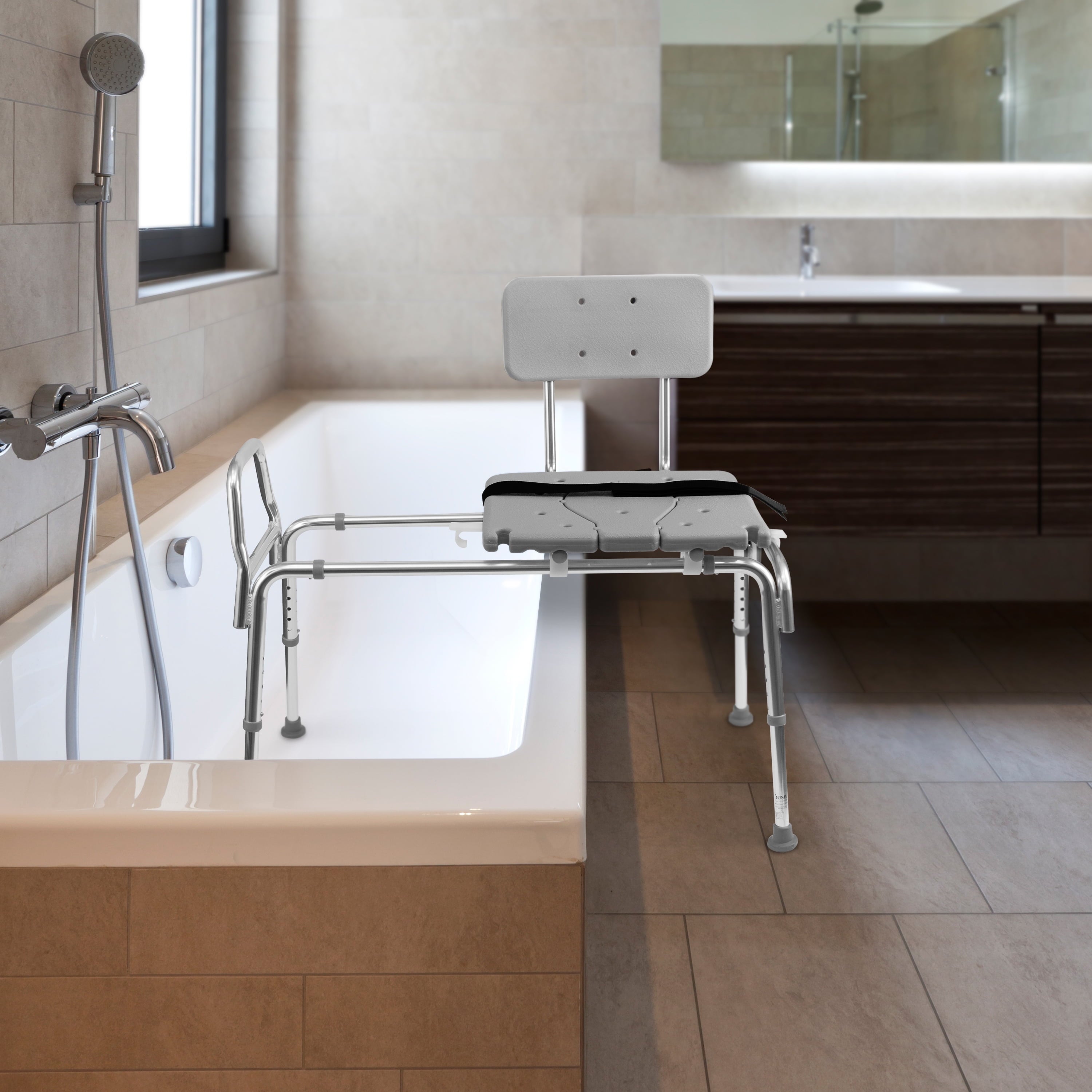 Tub Transfer Bench and Sliding Shower Chair Made of Heavy Duty Non Slip Aluminum Body and Plastic Seat with Adjustable Seat Height and Cut Out Access Holding Weight Capacity up to 400 Lbs, Gray