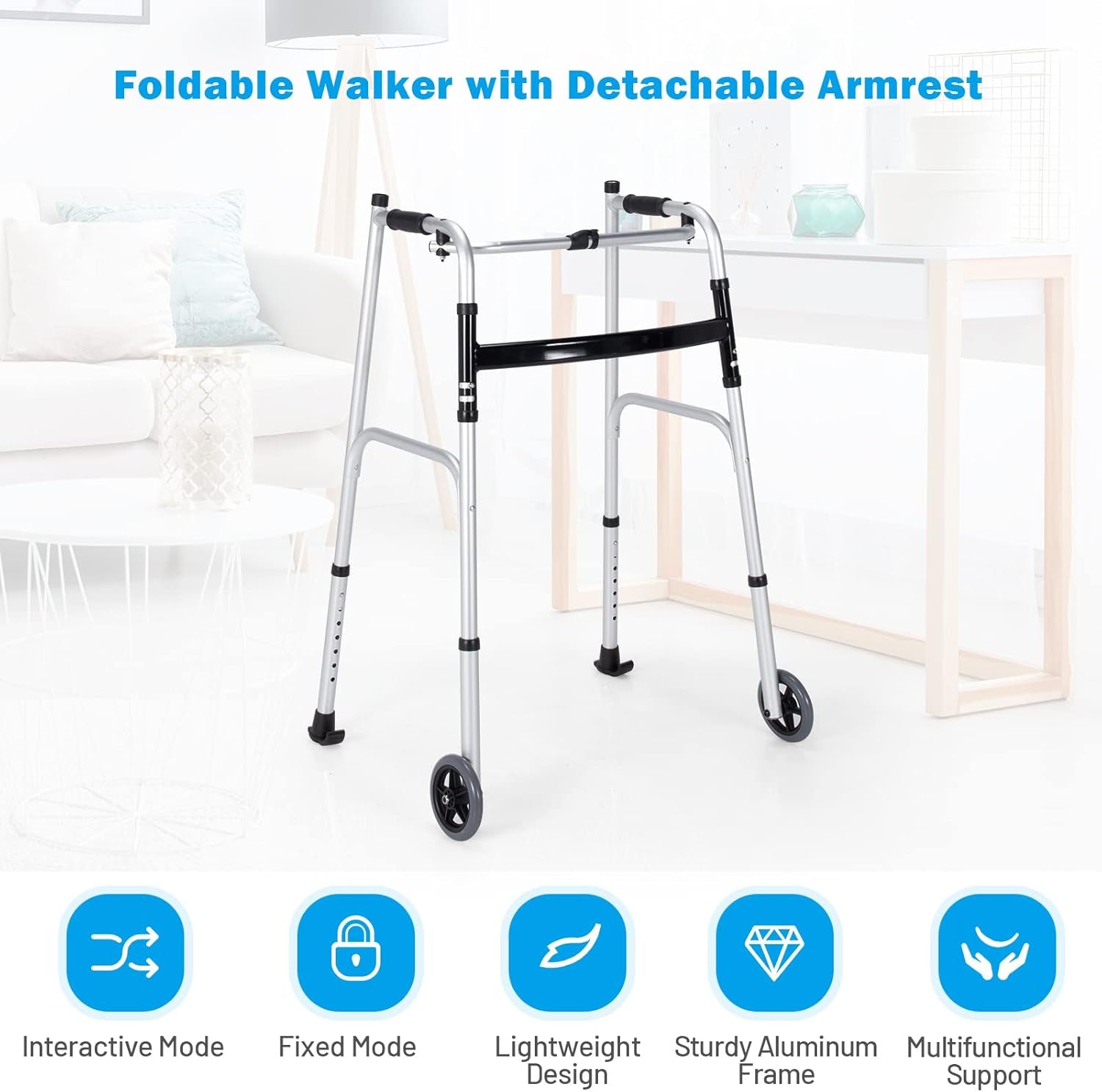 Walkers for Seniors, Foldable Standard Walker with 5’’ Wheels and Removable Padded Armrests 440Lbs, Lightweight Walking Mobility Aid, Folding Platform Walker for Elderly, Handicap, Disabled