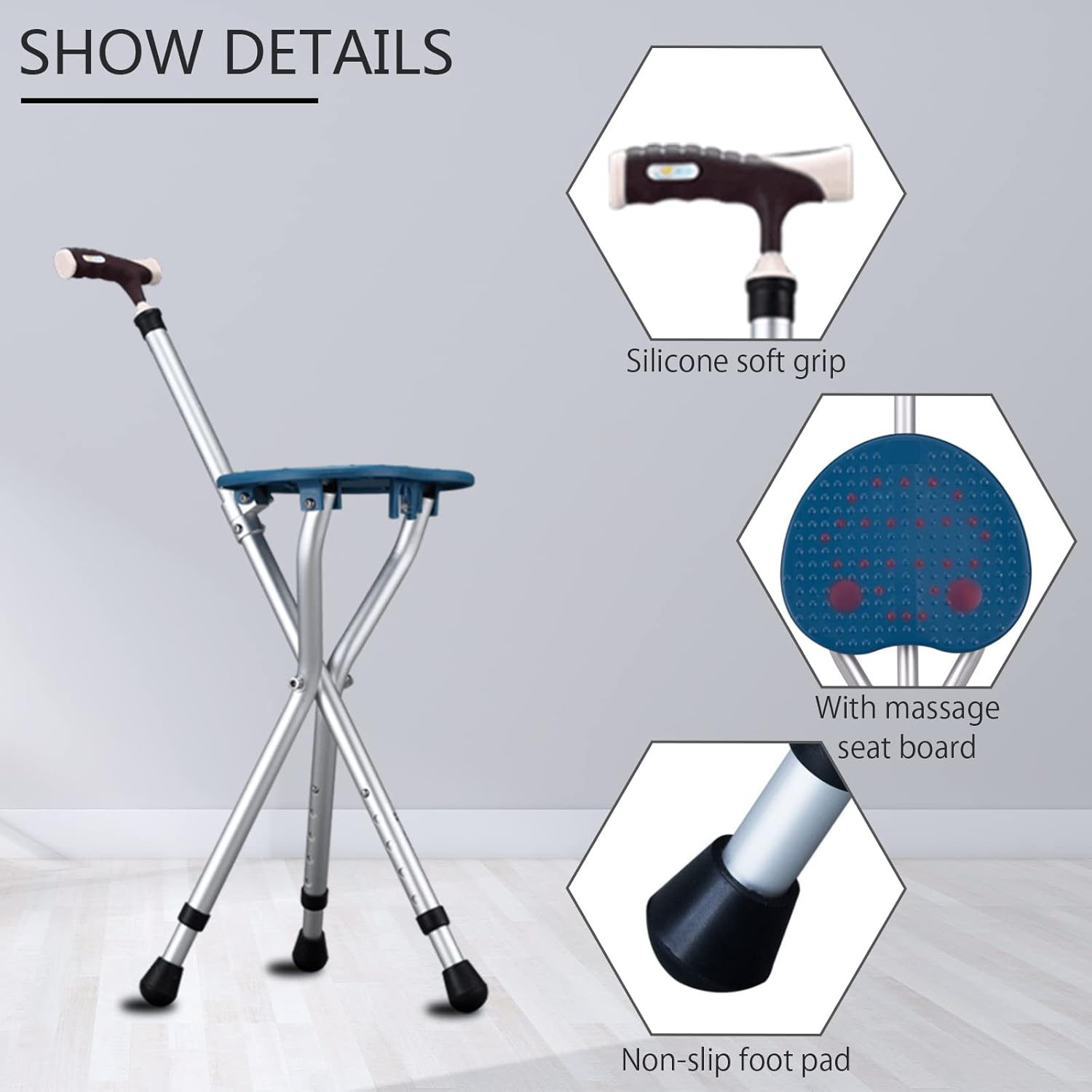 Hold 440 lbs Folding Cane with Seat – Adjustable & Portable Walking Stick with Seat
