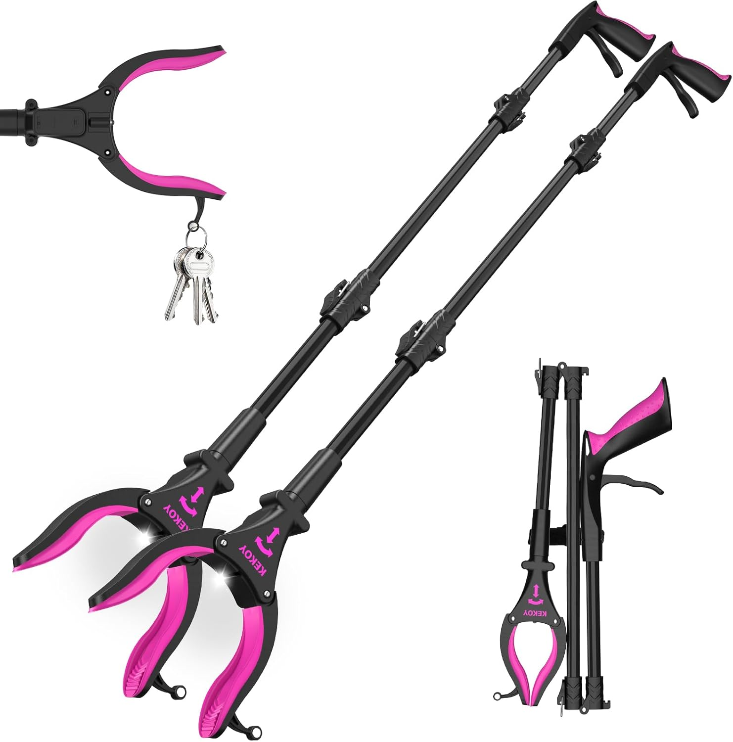 2-Pack 32" Grabber Reacher Tool with LED Light & Magnetic Tip