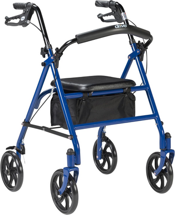 Drive Medical 10257BL-1 4 Wheel Rollator Walker with Seat – Height Adjustable, Steel Frame, 7.5” Wheels, and Storage Pouch
