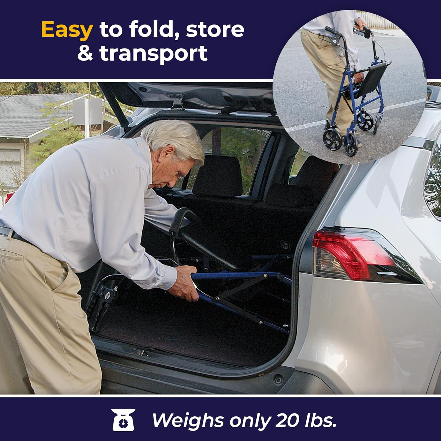 Drive Medical 10257BL-1 4 Wheel Rollator Walker with Seat – Height Adjustable, Steel Frame, 7.5” Wheels, and Storage Pouch