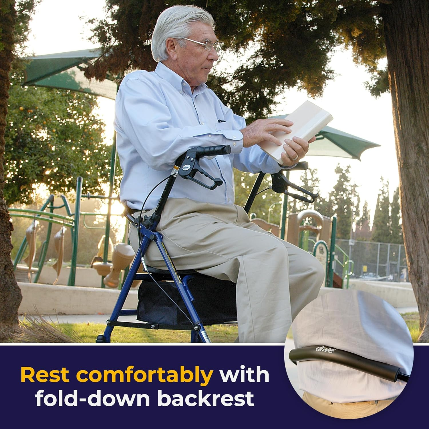 Drive Medical 10257BL-1 4 Wheel Rollator Walker with Seat – Height Adjustable, Steel Frame, 7.5” Wheels, and Storage Pouch