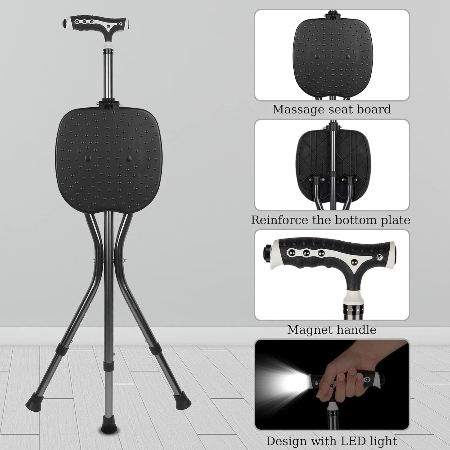Hold 440 Lbs Folding Canes with Seat Walking Stick Height Adjustment Cane Seat Capacity Frosted Handle with Magnetic Therapy Stone Crutches Stool