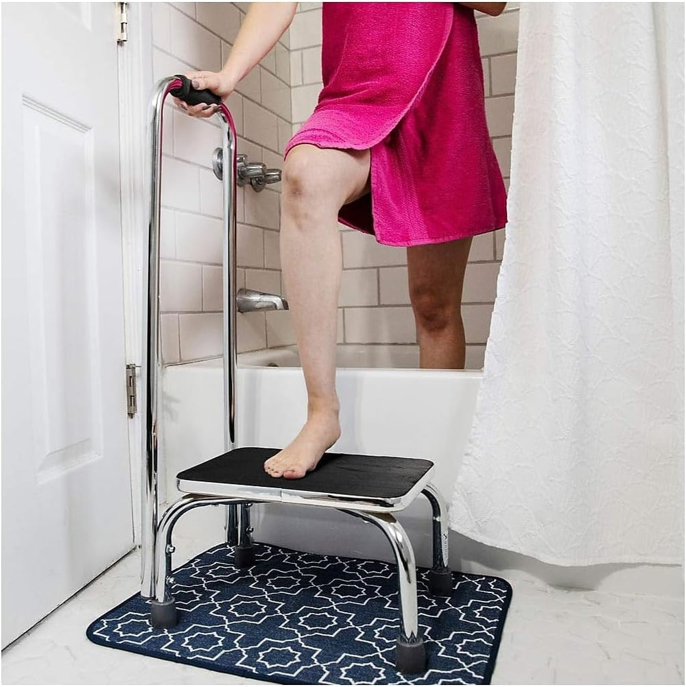 Step Stool with Handle and Non Skid Rubber Platform, Lightweight and Sturdy Stool for Seniors, Adults and Children, Holds up to 300 Pounds with 9.5 Inch Step Up, 17.3"D X 12.3"W X 34"H, Chrome