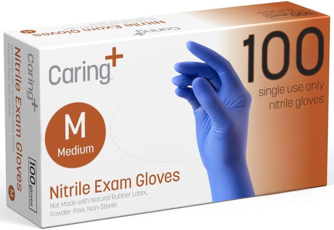 Caring Nitrile Exam Gloves – Blue, Powder-Free, Disposable, 90 Count