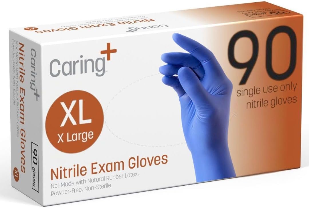 Caring Nitrile Exam Gloves – Blue, Powder-Free, Disposable, 90 Count